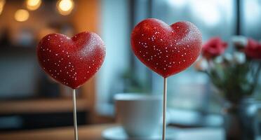 Two red hearts are on sticks and are next to a white cup. The scene is set in a cozy, intimate atmosphere photo