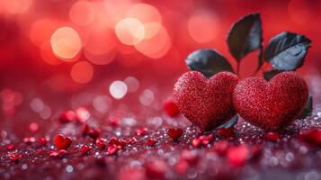 A red background with two hearts on it. The background is blurry and the hearts are shiny photo