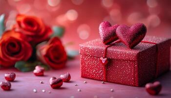 A red box with two hearts on top and a bunch of red hearts on the ground. The box is placed on a pink surface, and the roses surrounding it add a romantic touch to the scene photo