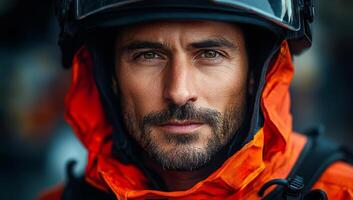 A man in an orange jacket and helmet is staring at the camera. He has a beard and a mustache photo