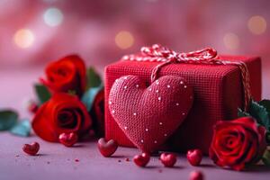 A red box with a heart on it is surrounded by red roses. The heart is made of fabric and is placed on top of the box. The roses are scattered around the box, creating a romantic and festive atmosphere photo