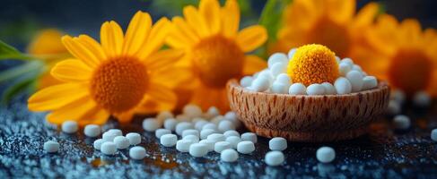 A bowl of white pills is on a table next to a bunch of yellow flowers. The bowl is filled with white pills and the flowers are scattered around it. Concept of calmness and serenity photo