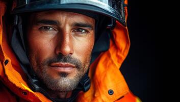 A man in a bright orange jacket and helmet is posing for a picture. He has a serious expression on his face and is looking directly at the camera. The jacket and helmet are designed for safety photo