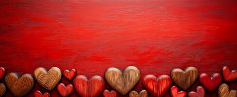 A red background with a row of wooden hearts on it. The hearts are arranged in a row and are of different sizes photo