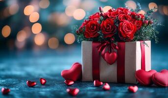 A box of red roses sits on a table with a blue background. The roses are arranged in a vase and there are several heart-shaped candies scattered around the box. Concept of love and romance photo