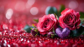 A red background with two red roses and a heart. The roses are placed on the ground and the heart is on top of the roses. Concept of love and romance photo
