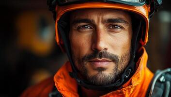 A man in an orange helmet and jacket is looking at the camera. He is a firefighter or a construction worker photo