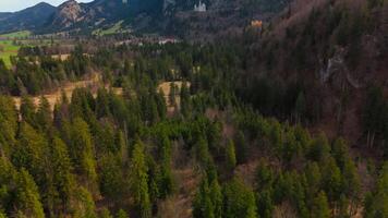 Aerial view of mountains, nature and forest and two castles together Schloss Neuschwanstein and Hohenschwangau in Fussen, Bavaria Germany. Luftaufnahme Bergen und zwei Schlossern in Fuessen. video