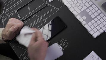 Close-up of male hand preparing and installing screen protector on smartphone. Top view of attaching protective sheet to smart phone display. Tempered glass shield protector. Maintenance and repairing video