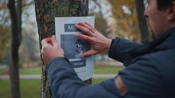 Lost pet owner sets dog photo poster of losing husky puppy on tree in park. Man pasting posters of the missing dog. Flyer with information about the missing dog hangs on a tree in the park. Lost dog. video