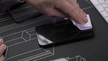 Close-up of male hand preparing and installing screen protector on smartphone. Top view of attaching protective sheet to smart phone display. Tempered glass shield protector. Maintenance and repairing video
