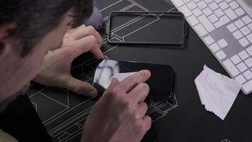 Close-up of male hand preparing and installing screen protector on smartphone. Top view of attaching protective sheet to smart phone display. Tempered glass shield protector. Maintenance and repairing video