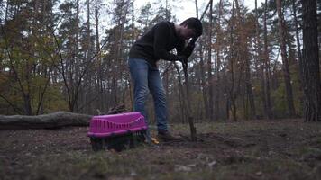A sad man is digging a grave with a shovel for a pet mitt. The owner of the dead cat makes his grave and cries. Illegal burial of an animal in the woods. Gravedigger at work. RIP pets. video