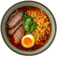 Spicy Beef Ramen Noodles Soup Bowl Egg Cilantro Garnish png