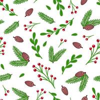 Christmas seamless pattern of fir branches, pine cones and twigs with red berries vector