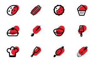 This image features a set of 12 simple, black-outlined icons of bakery goods and kitchen utensils on a white background. vector