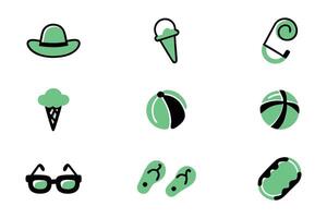 This image features a collection of simple, hand-drawn style icons representing summer fun activities. vector