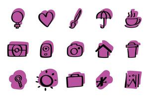 This image features a set of 16 simple, hand-drawn icons. vector