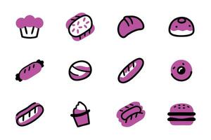 A set of 12 simple, hand-drawn food icons in vibrant pink, perfect for use in children's menus, food blogs, or general food-related projects. vector