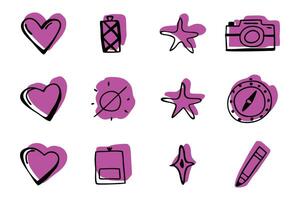 This image features a collection of nine hand-drawn icons in vibrant pink, perfect for travel, adventure, and summer-themed designs. vector