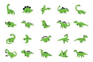 A collection of 16 simple, cartoon-style dinosaur icons, all rendered in a bright, vibrant lime green color against a pure white background. vector