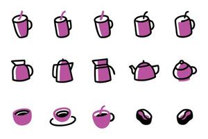 A collection of simple, hand-drawn-style icons depicting various coffee and tea-related items in a bright, vibrant pink color. vector