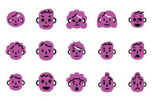 A collection of simple, stylized cartoon faces in vibrant fuchsia, each expressing a different emotion. vector