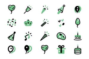 This set features 16 simple, hand-drawn party icons in mint green and black. vector
