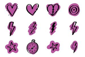 A set of nine hand-drawn graphic icons in bold, vibrant pink with black outlines. vector