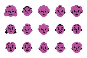 A collection of simple, cartoon-style faces of older adults in various expressions, like happiness, sadness, surprise, and worry. vector