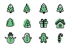 A set of simple, hand-drawn Christmas icons in a pastel green color scheme. vector