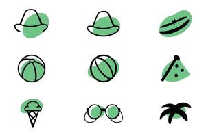 This image features a collection of simple, hand-drawn style icons representing summer fun activities. vector