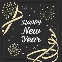 Elegant Happy New Year graphic design with fireworks and ribbons. vector