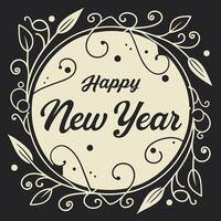 A stylish, minimalist graphic design featuring the text Happy New Year in a script font, set within a circle frame decorated with intricate swirls and leaves. vector