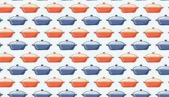 Pattern with multi-colored casserole dish pots on a blue background vector
