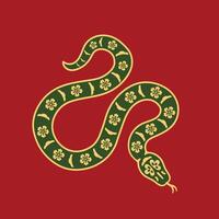 Chinese snake with a gold and green with patterns on the body on a red background vector