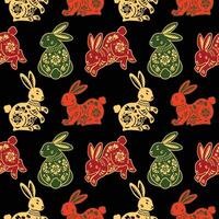 A pattern with rabbits and flowers on black vector