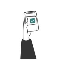 a hand holding a smartphone with a check mark paper billon it vector