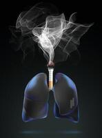 Black human lungs, cigarettes and smoke composited into 3D image on black background, showing the dangers of cigarettes. Used in medicine, advertising, commerce, science and industry. vector
