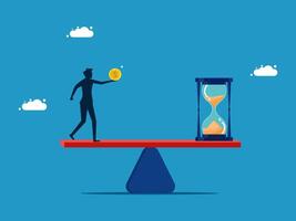 man balancing on hourglass with coin and hourglass vector