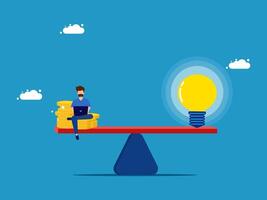 man sitting on a balance beam with a light bulb above her head vector