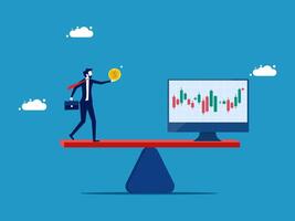 businessman holding coin on balance scales with computer monitor vector