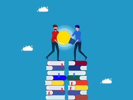 two people are standing on top of books vector