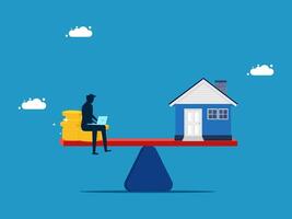 a man sits on a balance with a house on one side and money on the other vector