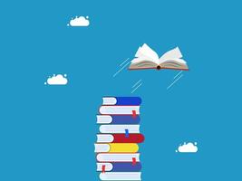 a stack of books with an open book flying above them vector