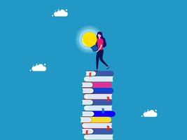 women standing on top of a stack of books with a light bulb in the middle vector