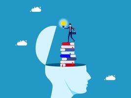 businessman standing on top of a stack of books with a light bulb in the middle vector