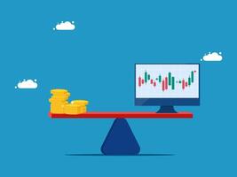 a computer screen and gold coins on a balance scale vector