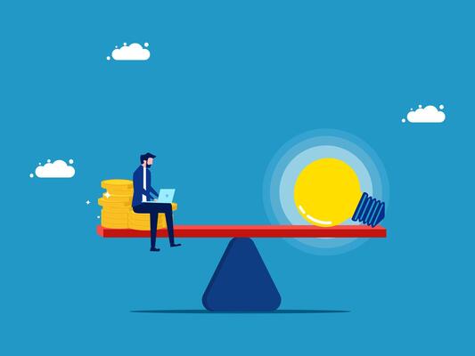 businessman sitting on a balance beam with a light bulb