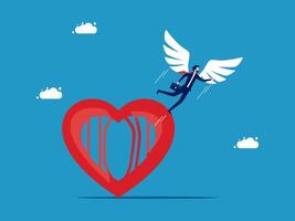 a man with wings flying over a heart vector